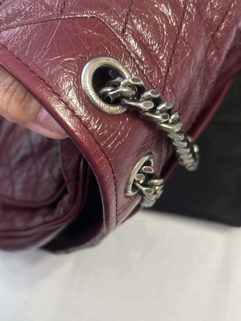 Yves Saint Laurent Quilted Burgundy Leather Shoulder Bag with Silver Chain